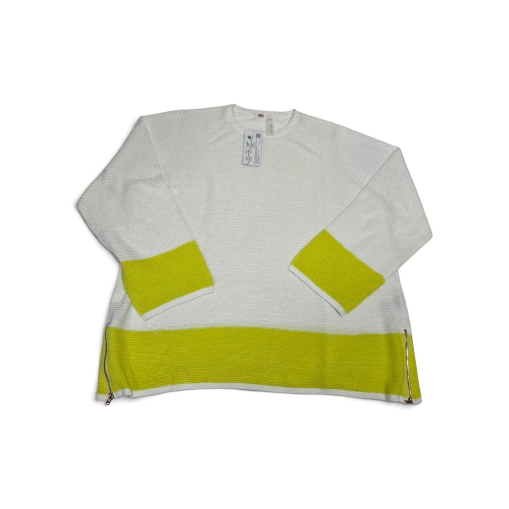 Zuda Sweater Women XL White Lime Green NWT Oversized Ribbed Zip Side Hem